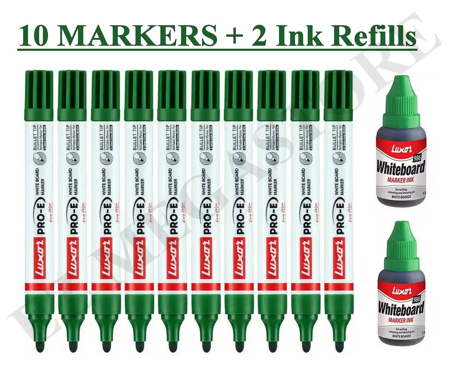 Luxor White Board Green 10 Markers with 2 Ink Refills – Bold, Refillable & Long-Lasting - FREE GLOBAL SHIPPING