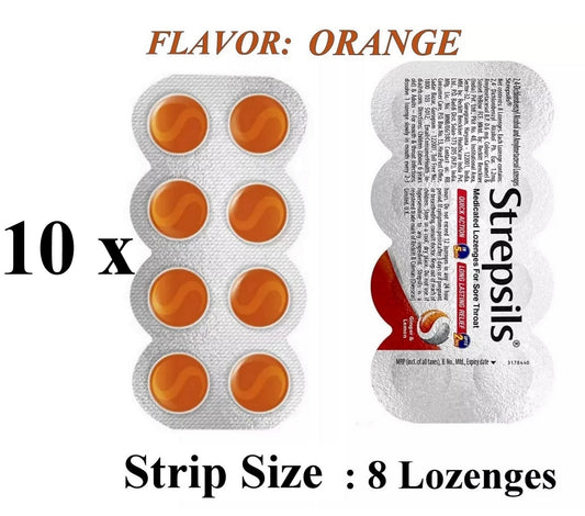 Strepsils Orange Lozenges – Sore Throat Relief - 10 STRIPS (80 Lozenegs)
