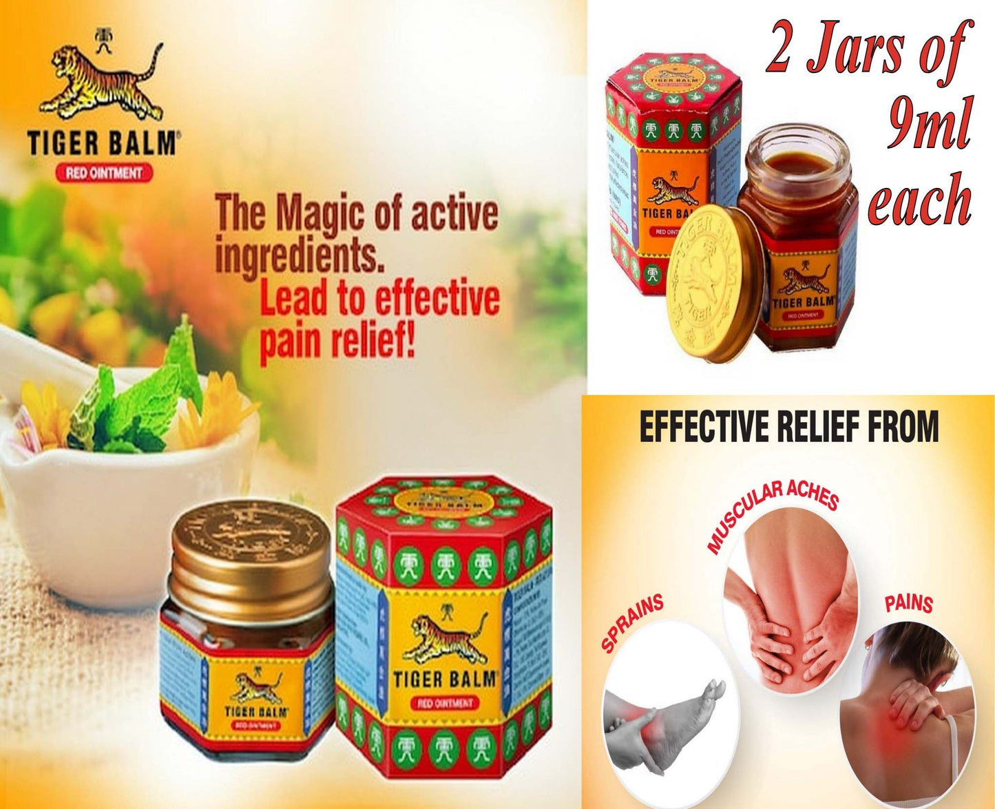 Tiger Balm – Herbal Pain Relief for Muscles & Joints (2 Nos. of 9ml each)