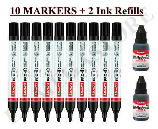 Luxor White Board Black 10 Markers with 2 Ink Refills – Bold, Refillable & Long-Lasting - FREE GLOBAL SHIPPING