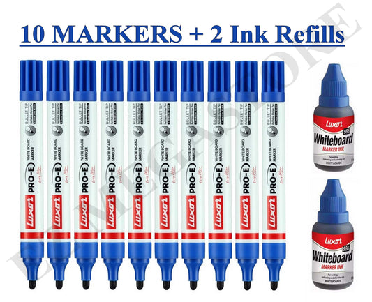Luxor White Board Blue 10 Markers with 2 Ink Refills – Bold, Refillable & Long-Lasting - FREE GLOBAL SHIPPING
