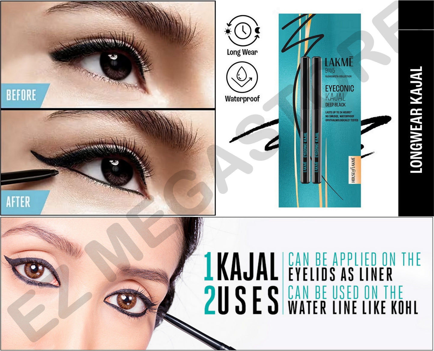 Lakme Eyeconic Kajal Deep Black Kohl Smudge Proof 24 hr - TWIN PACK (2 Pcs.)