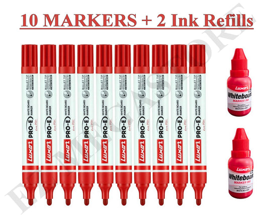 Luxor White Board Red 10 Markers with 2 Ink Refills – Bold, Refillable & Long-Lasting - FREE GLOBAL SHIPPING