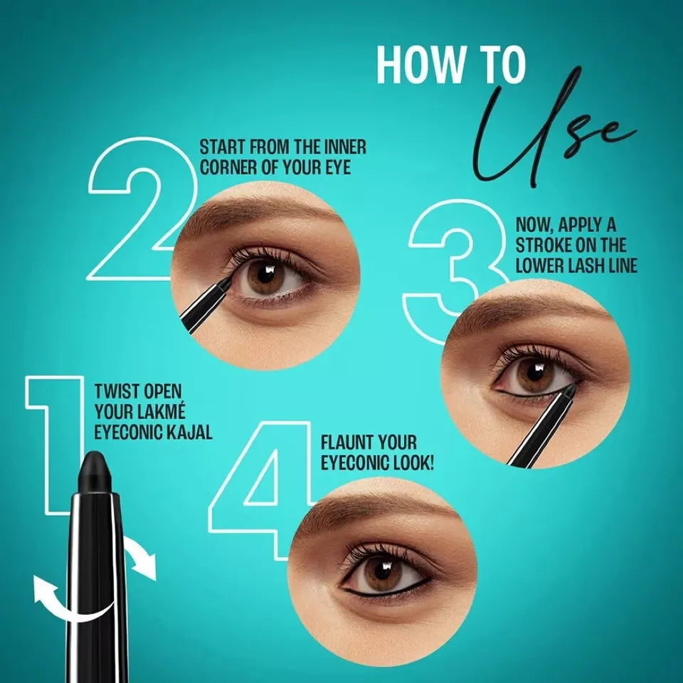 Lakme Eyeconic Kajal Deep Black Kohl Smudge Proof 24 hr - FREE GLOBAL SHIPPING