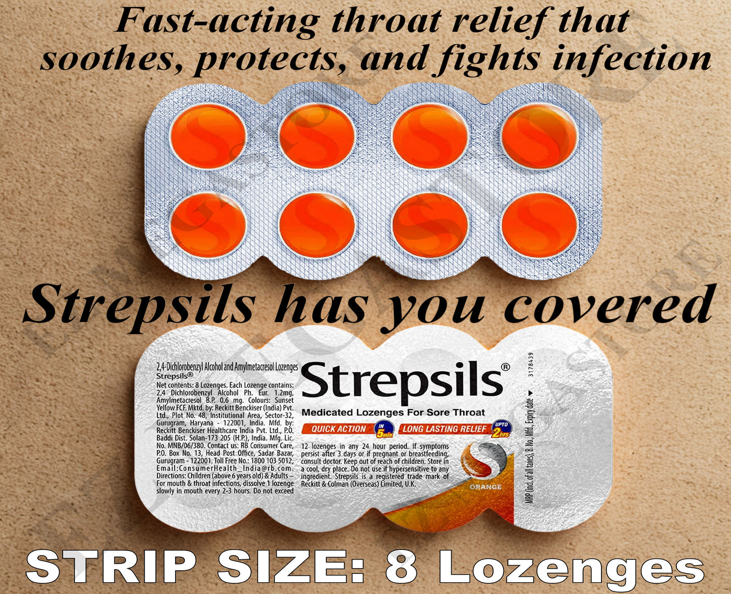 Strepsils Orange Lozenges – Sore Throat Relief - 10 STRIPS (80 Lozenegs)